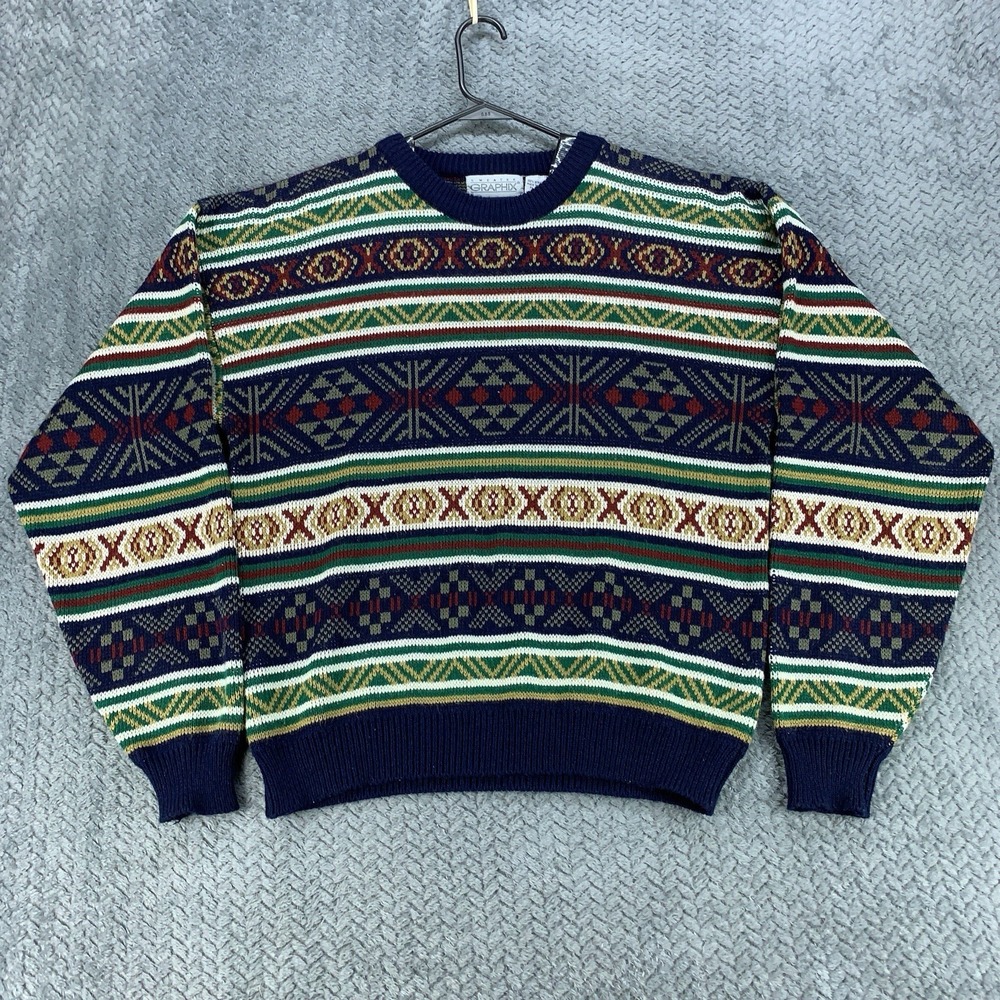 VTG Sweater Graphix Sweater Men's Large Fair Isle Geometric Pattern Knit Acrylic